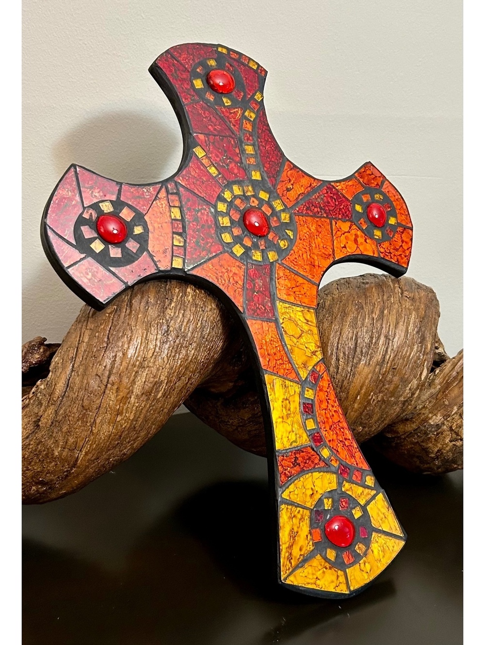 Cross Mosaic Stained Glass Style Red Orange Boho Folk Art Christian Decor
